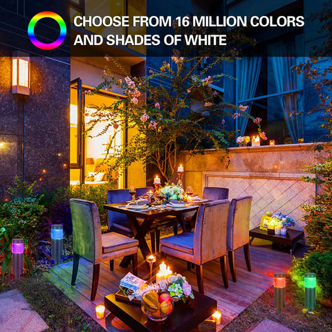 Smart LED Round Bollard Lights With App Control And Alexa Ready Low Voltage 12V 3W RGB Color Changing Outdoor Path Lights illuminating a patio