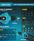 Two In One Rivet Nut Tool And Rivet Gun Kit Folding Heavy Duty Hand Tool With 11 Mandrels And 5 Nose Pieces Includes 100 Nuts And 200 Pop Rivets For DIY And Repair, showing mandrel and rivet sizes.