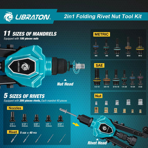 Two In One Rivet Nut Tool And Rivet Gun Kit Folding Heavy Duty Hand Tool With 11 Mandrels And 5 Nose Pieces Includes 100 Nuts And 200 Pop Rivets For DIY And Repair, showing mandrel and rivet sizes.