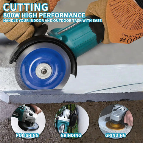 Cordless 20V Angle Grinder Kit in use cutting concrete, shows brushless motor and use on various materials