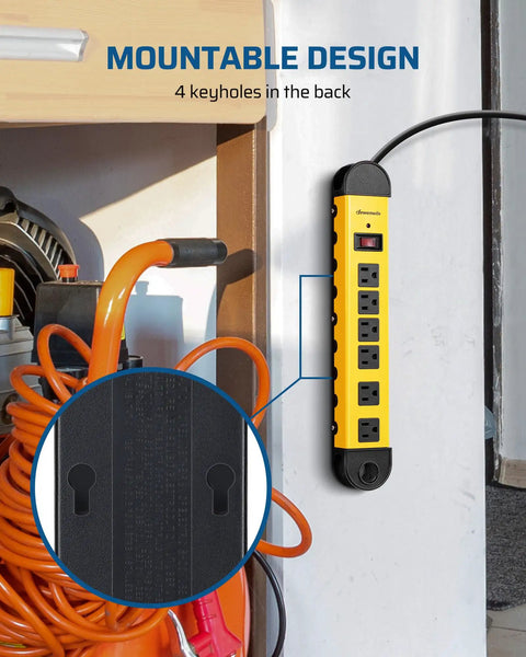 Heavy Duty 6 Outlets Power Strip Surge Protector with 15 Foot Cord UL Listed 900 Joules mounted on a garage wall