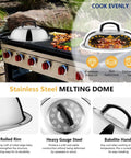 18-piece stainless steel griddle accessories kit on a Blackstone flat-top grill with melting dome and basting cover.