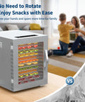 A Heck Of A Food Dehydrator Featuring Twelve Heavy Duty Stainless Steel Trays With Precise Eighty Five To One Seventy Degree Fahrenheit Temp Control For Making Juicy Beef Jerky Garden Veggies And Healthier Snacks showcased with colorful snacks.