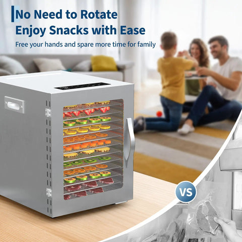 A Heck Of A Food Dehydrator Featuring Twelve Heavy Duty Stainless Steel Trays With Precise Eighty Five To One Seventy Degree Fahrenheit Temp Control For Making Juicy Beef Jerky Garden Veggies And Healthier Snacks showcased with colorful snacks.
