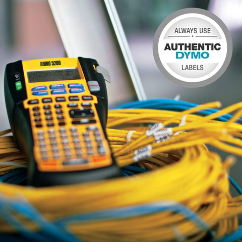 Rhino 5200 Label Maker with One Touch Hot Keys for speedy, durable asset labeling on job sites, amidst cables, promoting DYMO labels.