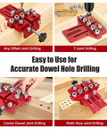 Professional Dowel Jig Kit With Secure Position Stop And Heavy Clamp For Rapid Five Hole Drilling showing various joint drilling methods.