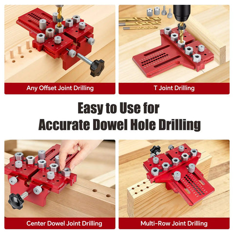 Professional Dowel Jig Kit With Secure Position Stop And Heavy Clamp For Rapid Five Hole Drilling showing various joint drilling methods.