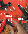 Kickass All In One Hammer Multitool Kit showing screwdrivers and knife features with hands holding the tool, ideal for gifts.