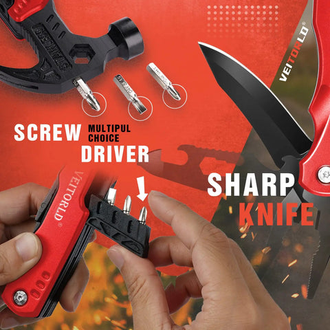 Kickass All In One Hammer Multitool Kit showing screwdrivers and knife features with hands holding the tool, ideal for gifts.