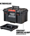 TradeStack 21 Inch Waterproof Tool Box With Lockable Stackable Design, shown with removable tray and one touch release feature.