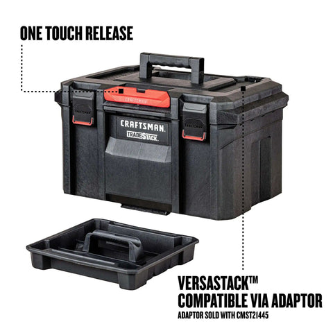 TradeStack 21 Inch Waterproof Tool Box With Lockable Stackable Design, shown with removable tray and one touch release feature.