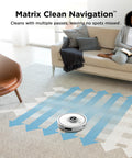 Matrix Clean Robot Vacuum With Serious Suction For Pet Hair On Carpets And Hard Floors Self Empty Base 60 Day Dust Capacity Voice Control LiDAR Navigation And Smart Mapping For Effortless Home Cleaning shown on a carpet in a living room setting