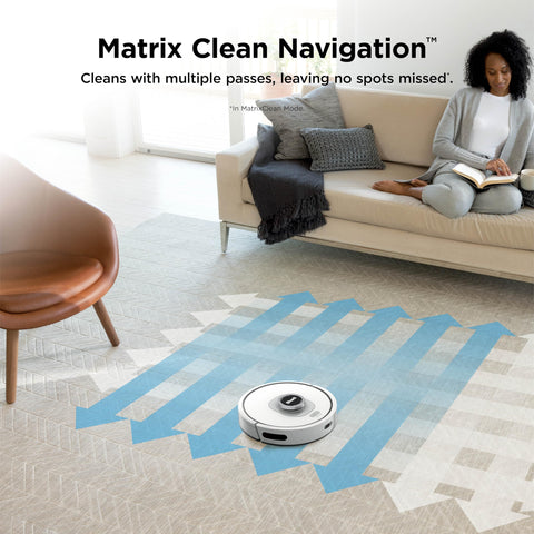 Matrix Clean Robot Vacuum With Serious Suction For Pet Hair On Carpets And Hard Floors Self Empty Base 60 Day Dust Capacity Voice Control LiDAR Navigation And Smart Mapping For Effortless Home Cleaning shown on a carpet in a living room setting