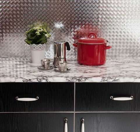 Kitchen counter with Marble White Self Adhesive Film Roll For Walls Cabinets And Furniture Peel And Stick DIY Home Decor, red pot and coffee maker