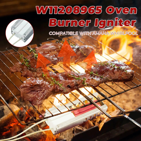 Plug And Play Gas Range Oven Igniter Replacement under grill with steaks, fits WFG320 WFG505, ceramic nuts and cover visible