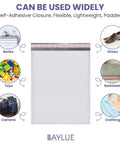 10x13 Inch Poly Bubble Mailers With Self Seal Padded Envelopes For Thick Books, Air Cushioned Protection, multiple uses shown