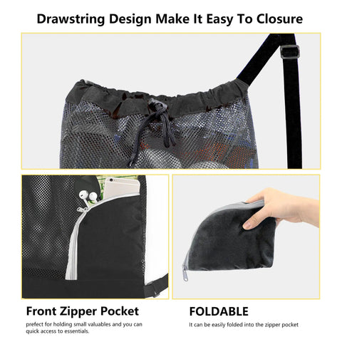 Mesh Drawstring Backpack For Beach And Pool, Lightweight Cinch Bag With Zip Pocket, foldable design and adjustable straps, black