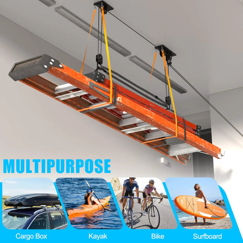 Ceiling Ladder Hoist System For Garage Storage Heavy Duty Pulley Lift Holds Up To 150 Lbs For Ladders Kayaks Bikes Canoes