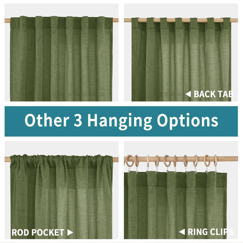 Dark Green Faux Linen Curtains For Kitchen Window Light Filtering Textured Drapes With Rod Pocket And Back Tab 2 Panel Set