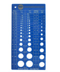 Screw thread gauge board, front view, blue plastic, inch/metric sizes with drill/tap references; BCP logo.