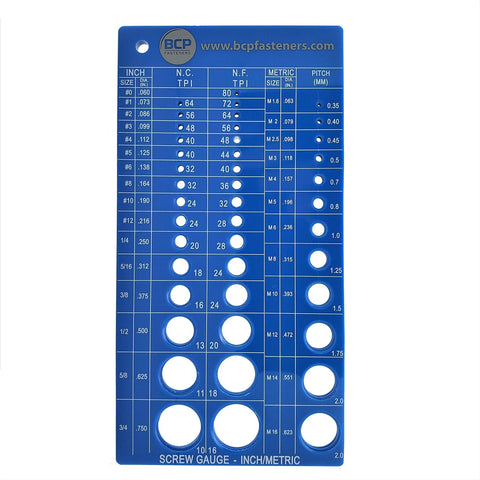 Screw thread gauge board, front view, blue plastic, inch/metric sizes with drill/tap references; BCP logo.