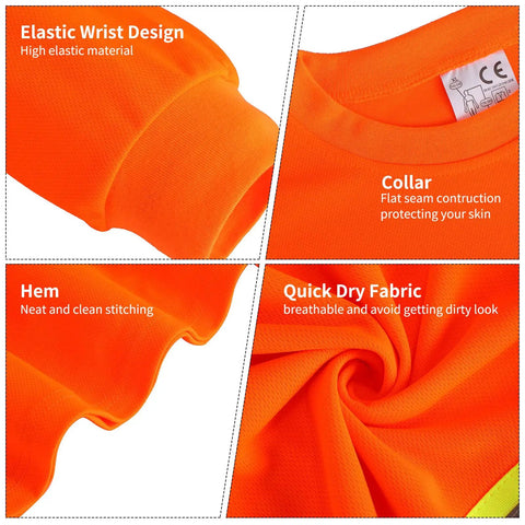 Six Pack Safety Long Sleeve T Shirt With 360 Degree Reflective Strips Class 3 High Visibility Orange For Construction Surveyor And Outdoor Work Breathable Comfort