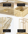 Close-up of gold desk organizer set showing detachable file organizer, stackable paper tray, and storage drawer in modern office.
