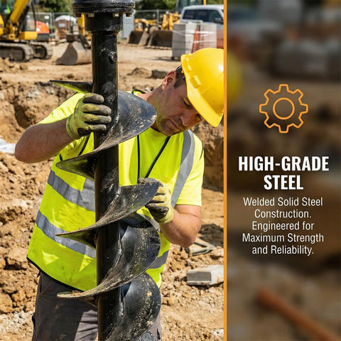 Worker handling 12 Inch By 52 Inch Spiral Excavator Auger With Two Inch Hex Connection in construction site