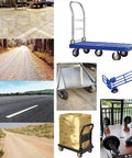 Straight Up Heavy Duty Industrial Caster Pair Featuring Silent Rubber Wheels And Thick Steel Base Plates on various surfaces like smooth tiles and gravel.
