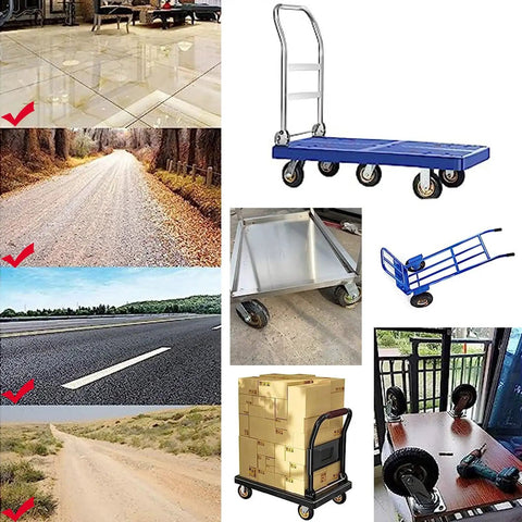 Straight Up Heavy Duty Industrial Caster Pair Featuring Silent Rubber Wheels And Thick Steel Base Plates on various surfaces like smooth tiles and gravel.