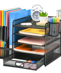 Five Tier Desk Organizer With File Holder And Drawer, Mesh Letter Tray Office Organizer With Two Pen Holders And Magazine Holder in use