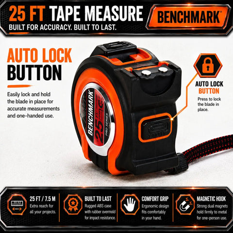 Three Pack 25 Foot Tape Measures With Easy Read Fractions To One Eighth Inch, Magnetic Tip, Quick Lock Tension, Auto Wind