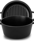 Heavy Duty Cast Iron Dutch Oven With Dual Purpose Skillet Lid 5 Quart Preseasoned Pot visible with lid open