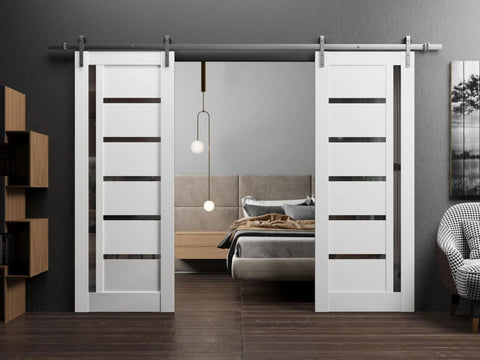 Built Tough Double Barn Door Set Featuring Dead Easy 13 Foot Stainless Steel Rail Hardware With Slick Glide Action Alongside Silk Finish White Panels And Deep Black Glass Trims For Rapid Living Space Upgrade, installed in modern interior.