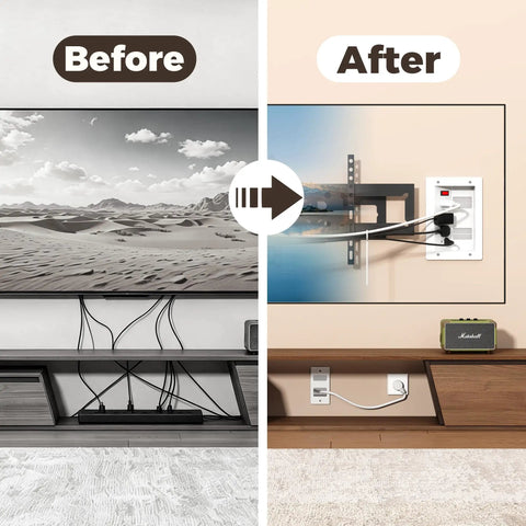 Before and after image showcasing In Wall Cable Management Kit With Recessed Outlet Box And Four Power Ports for clean TV setup.