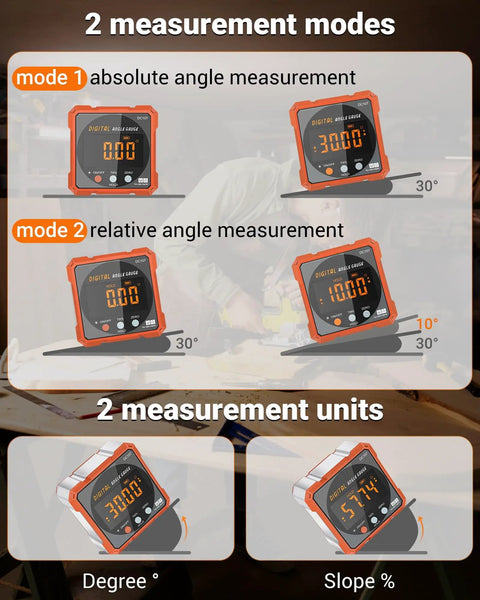 Image showing 2 measurement modes of Sleek Digital Angle Finder And Protractor With Magnetic Dual Laser Level Portable Pocket Design.
