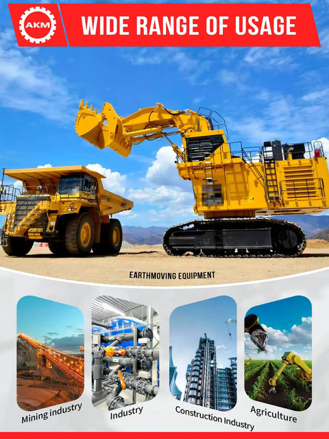 Yellow earthmoving equipment, including a large excavator and dump truck, with industry icons for mining, industry, construction, agriculture.