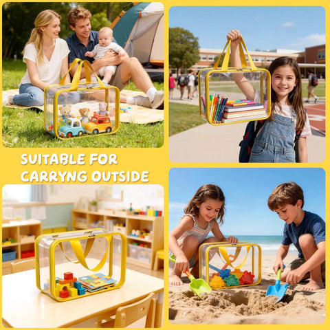 Eight Piece Extra Large Colorful Toy Storage Bags With Zippers And Labels Clear PVC Waterproof Organizers for outdoor use.