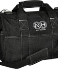 Heavy Duty 16 Inch Tool Tote With 24 Pockets And Wide Mouth, showcasing sturdy black 600D polyester material.