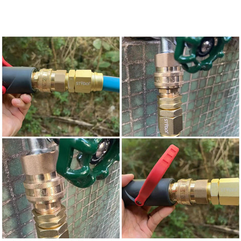 Three Quarter Inch Full Flow Brass Garden Hose Quick Connect Fittings Set No Fuss With Lead Free Full Port Design And High Volume Quick Release Coupler For Five Eighth And Three Quarter Inch Hoses shown in use