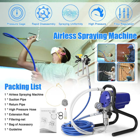 No Sweat Heavy Duty Airless Paint Sprayer With 750W Motor And 6000 Psi High Pressure Pump For Fast Weekend Warrior Home Exterior Interior DIY Wall Coating With 10 Meter Hose And Slick Finish, showing airless spraying machine in use.