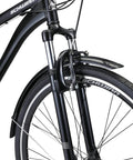 Front wheel and suspension fork of Discover 2 Hybrid Bike with 700c wheels and lightweight alloy frame for city commutes.