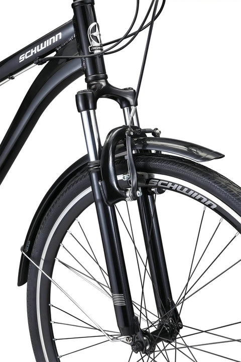 Front wheel and suspension fork of Discover 2 Hybrid Bike with 700c wheels and lightweight alloy frame for city commutes.