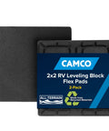 Universal RV Flex Leveling Pads Support For Jacks And Stabilizers Anti Sink Design Keeps Your Camper Solid On Soft Dirt Or Grass Setup Makes Leveling A Sweet Breeze With Eight Point Five Inch Square Base, black 2x2 flexible pads in a two-pack.