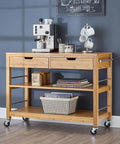 Total Kitchen Upgrade 48 Inch Bamboo Island Cart With Slick Rolling Wheels Double Drawer Units And Spacious Shelves Heavy Duty Wood Prep Table in kitchen.