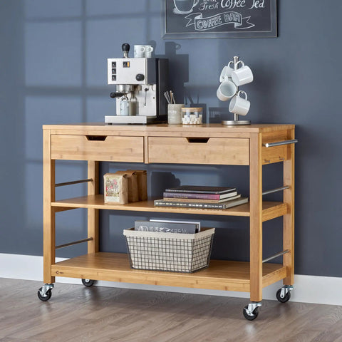 Total Kitchen Upgrade 48 Inch Bamboo Island Cart With Slick Rolling Wheels Double Drawer Units And Spacious Shelves Heavy Duty Wood Prep Table in kitchen.