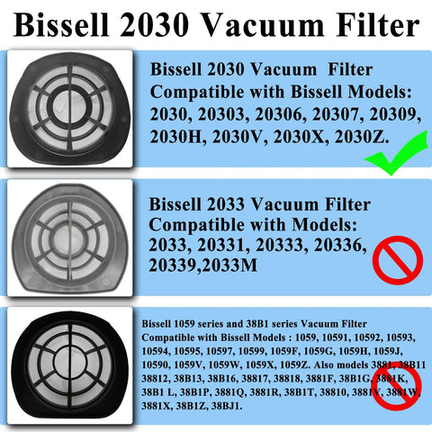 Comparison of Bissell 2030 and other vacuum filter models with compatibility info, showing the correct filter for Bissell 2030 series.