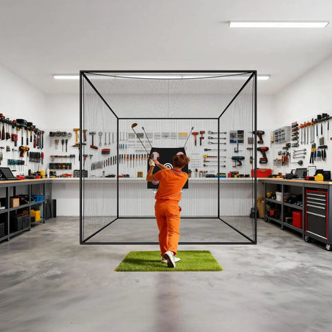Golfer practicing in 10x10x10 ft golf batting cage net for backyard and indoor practice with half cover design, 3 ply knotless
