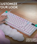 Top Tier Wireless Mechanical Gaming Keyboard Hot Swappable Linear Switches Ridiculously Smooth Pbt Keycaps Serving Insane 8 Khz Polling Speeds For Elite Play In White on a wooden desk with customizable cross hatch keycaps.