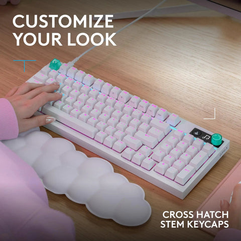 Top Tier Wireless Mechanical Gaming Keyboard Hot Swappable Linear Switches Ridiculously Smooth Pbt Keycaps Serving Insane 8 Khz Polling Speeds For Elite Play In White on a wooden desk with customizable cross hatch keycaps.